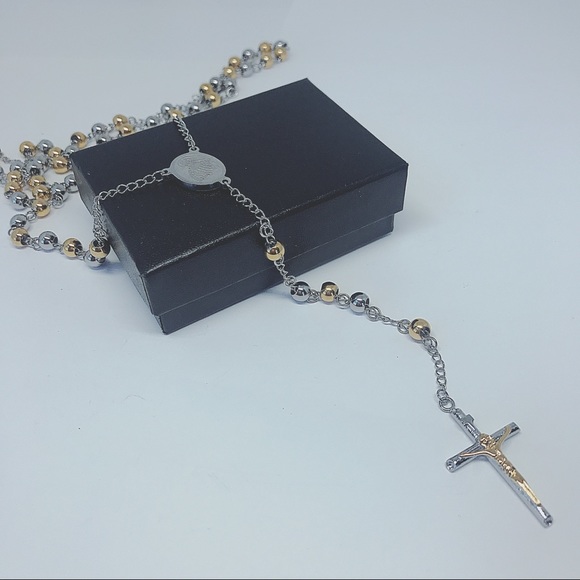 Two Toned Stainless Steel Rosary Necklace - Picture 6 of 8